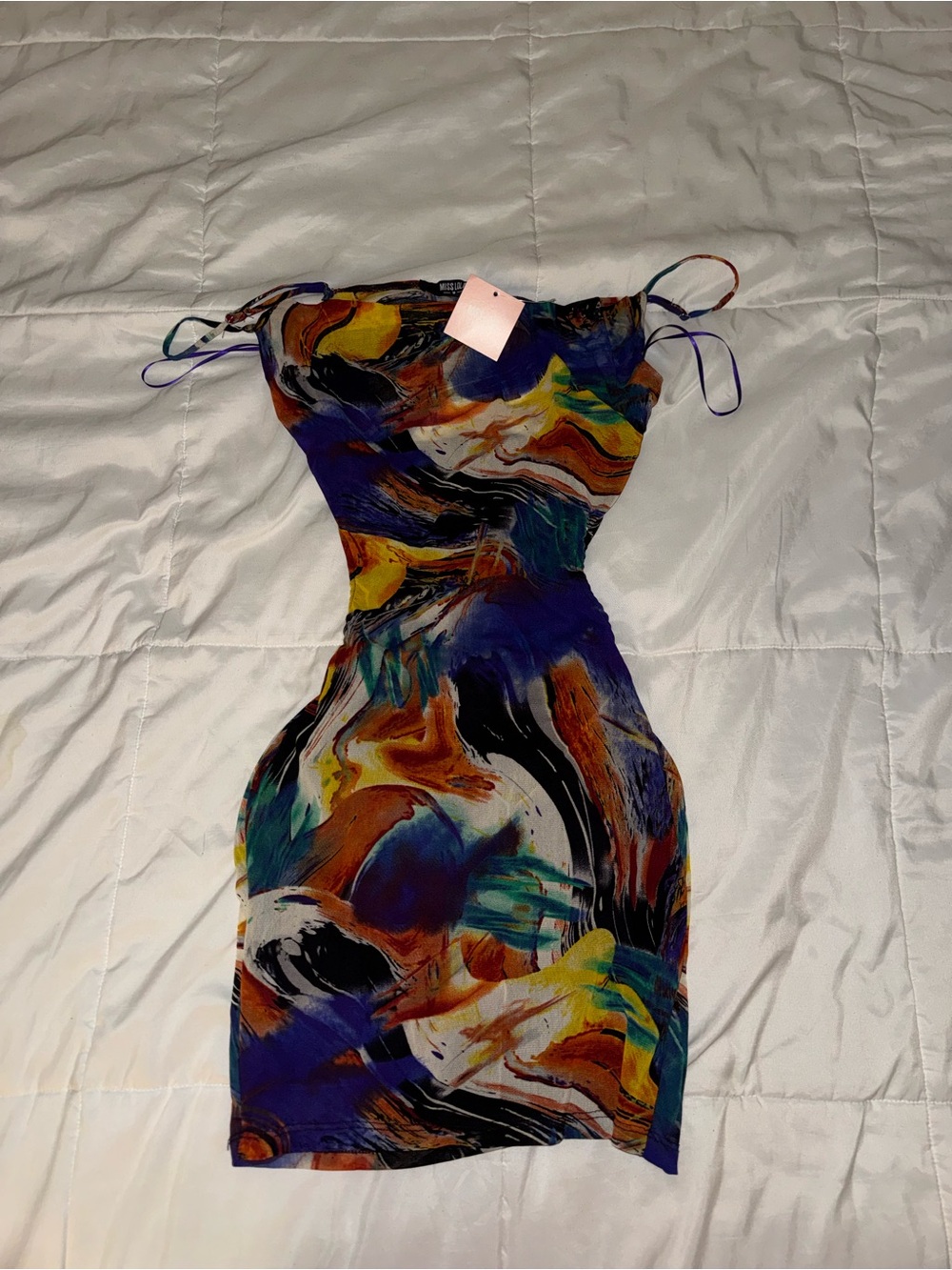 NWT- Miss Lola Multicolor Abstract Mini Dress in Purple, Blue, Yellow and Black